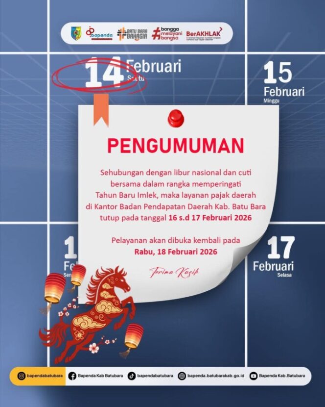 
 Layanan Pajak Daerah Bapenda Batu Bara Tutup Sementara Saat Libur Imlek